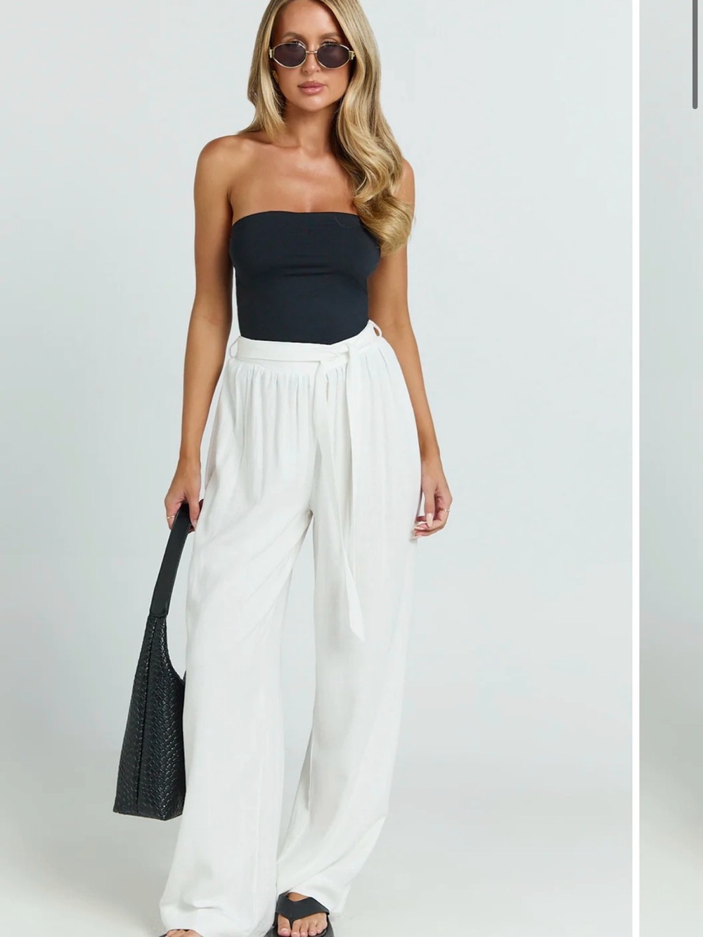 White linen Wide-Leg Tie-Waist Pants